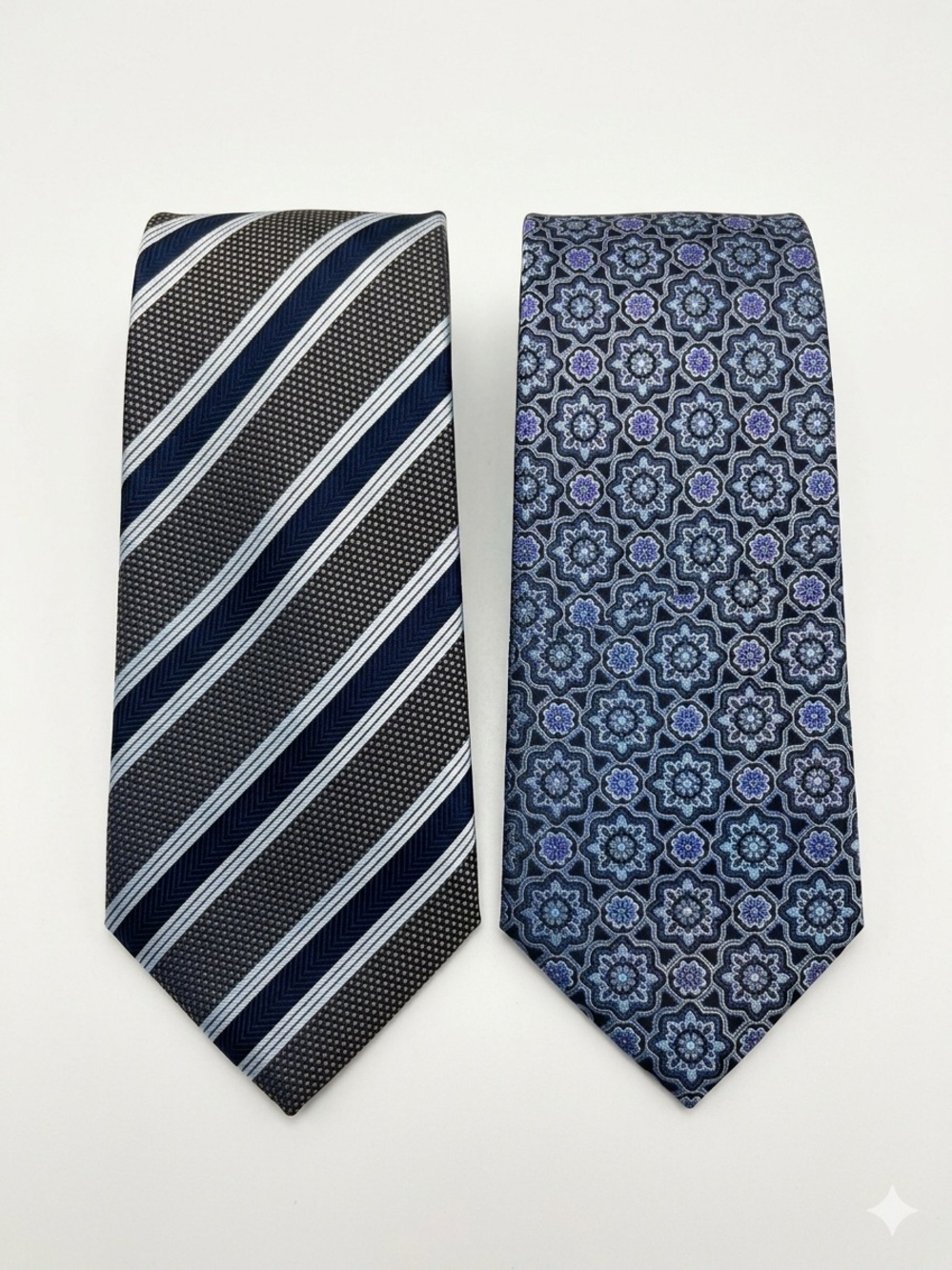 2 Men's Silk Neckties Blue Striped EUC & Geometric Floral NWT